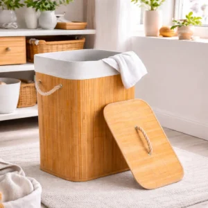 Cesto De Roupa Suja Bambu Dobrável Com Tampa Alças 72 Litros